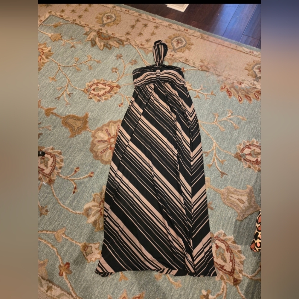 Soma Black and Tan Striped Halter Maxi Dress